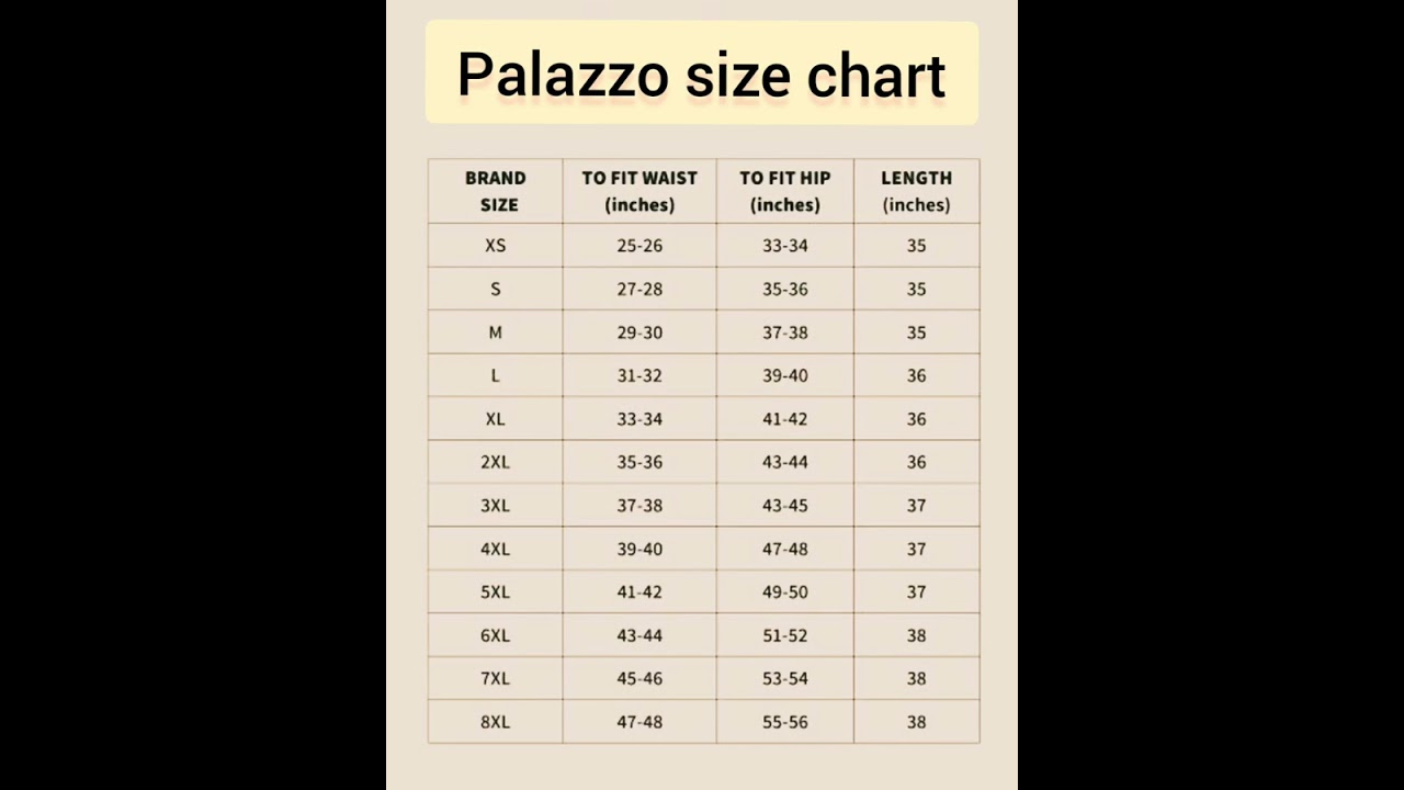 palazzo size chart #shorts