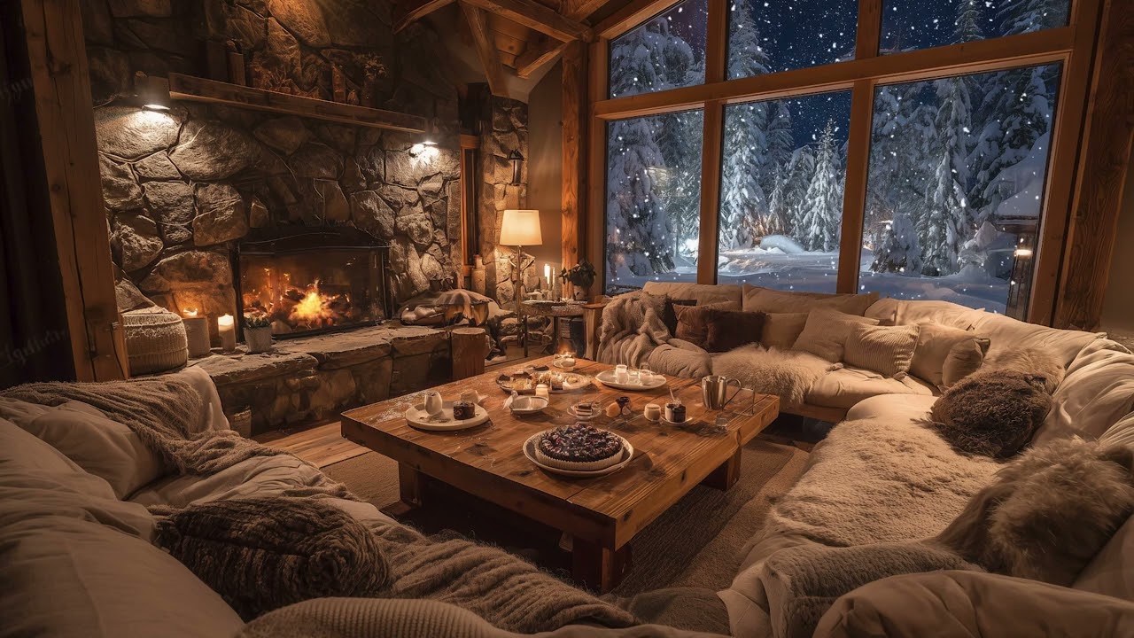 Winter Cabin Fireplace at Night ❄️| Snowy Forest & Soft Piano for Restful Sleep