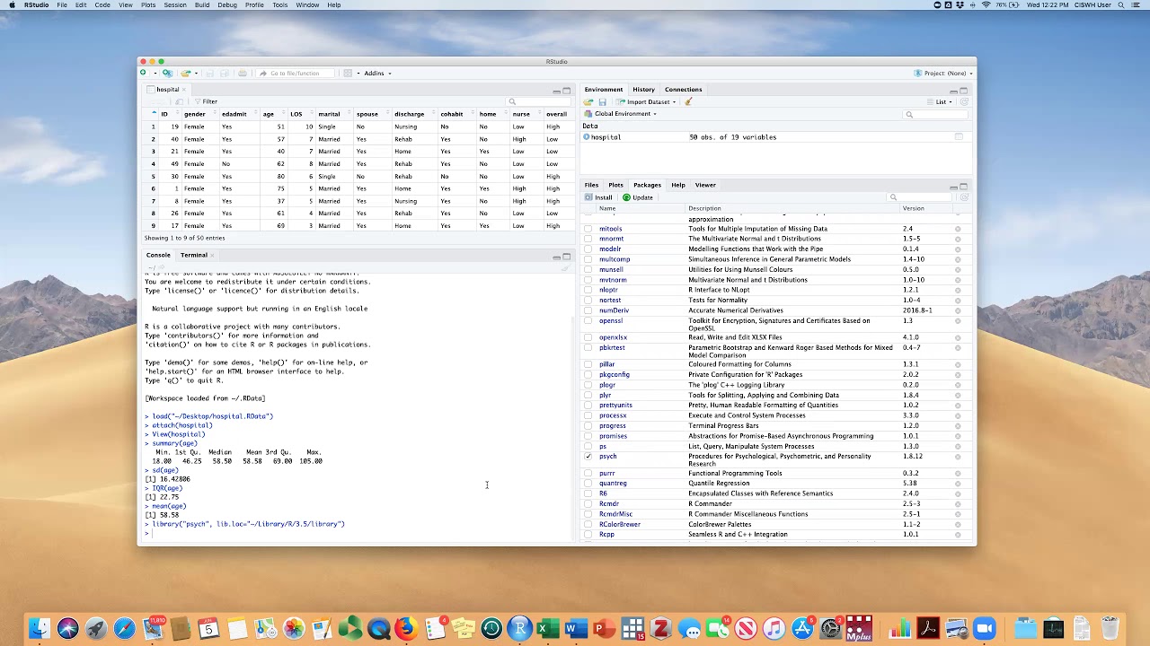 Describing a continuous variable using R and RStudio (Ch2)