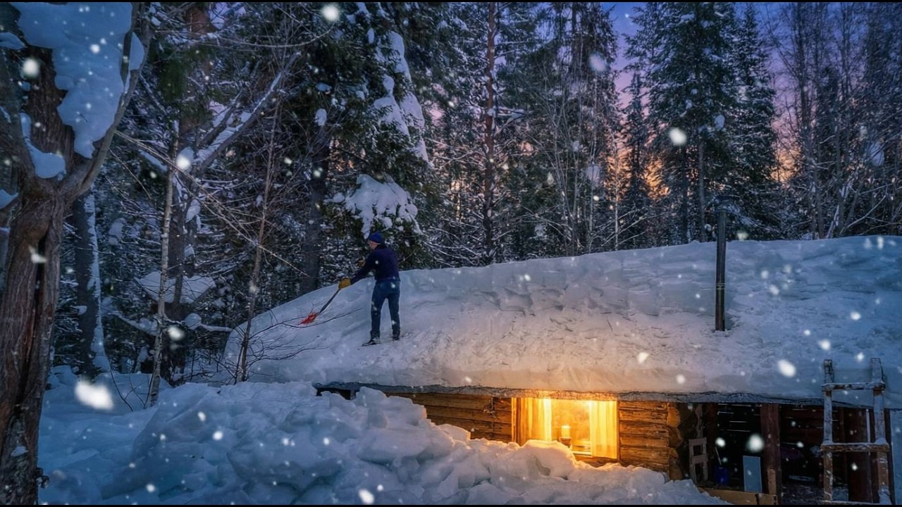 Siberian log cabin is completely covered in snow! I'm clearing tons of snow from the roof