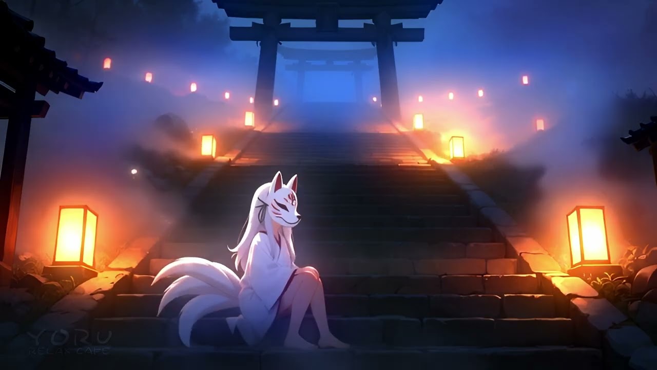 Foggy Shrine Steps & Kitsune Mask ⛩️ | 432Hz Dark Japanese Lo-fi – Yoru Relax Café