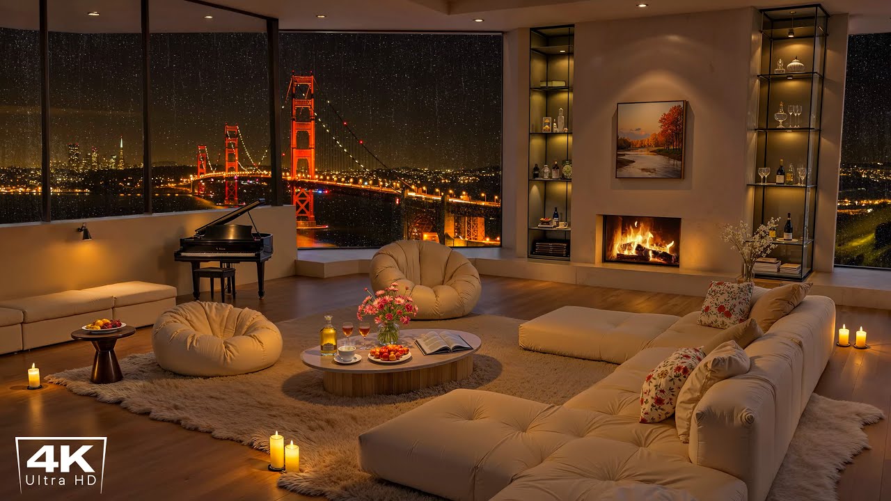 Cozy Apartment Overlooking Golden Gate Bridge 🌉 Soothing Jazz, Rain & Fireplace Sounds to Unwind