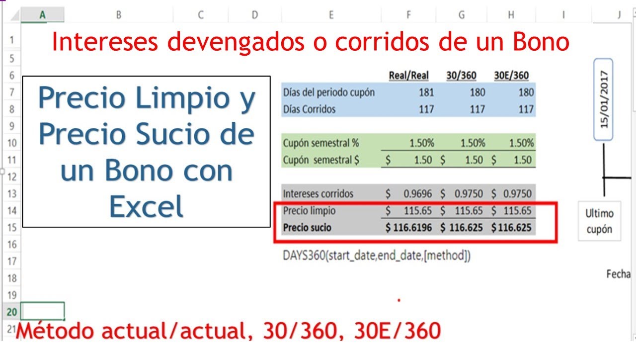 Precio Limpio y Precio Sucio de un Bono – Intereses devengados - Conteo de Días con Excel