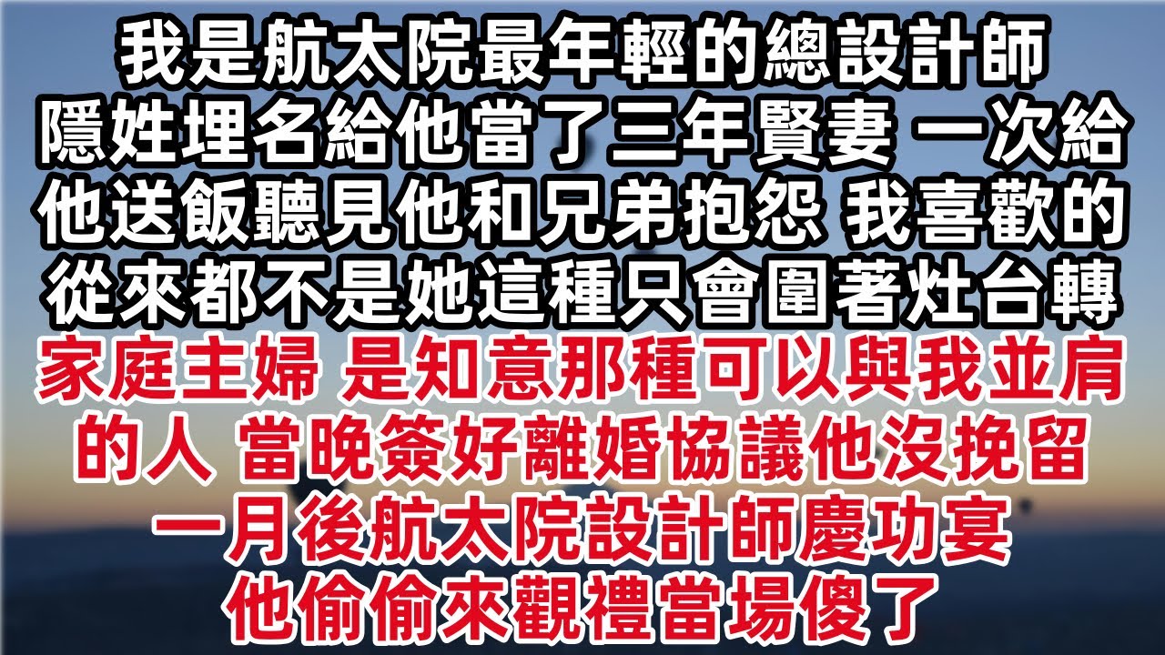 我是航太院最年輕的總設計師 給他當了三年賢妻 一次給他送飯聽見他和兄弟抱怨 我喜歡的不是她這種家庭主婦 是知意那種可以與我並肩的人 當晚簽好離婚協議他沒挽留 一月後航太院設計師慶功宴他偷偷來觀禮當場