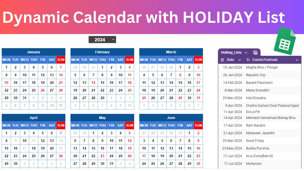 How to make Dynamic Calendar with Holiday List in Google Sheets