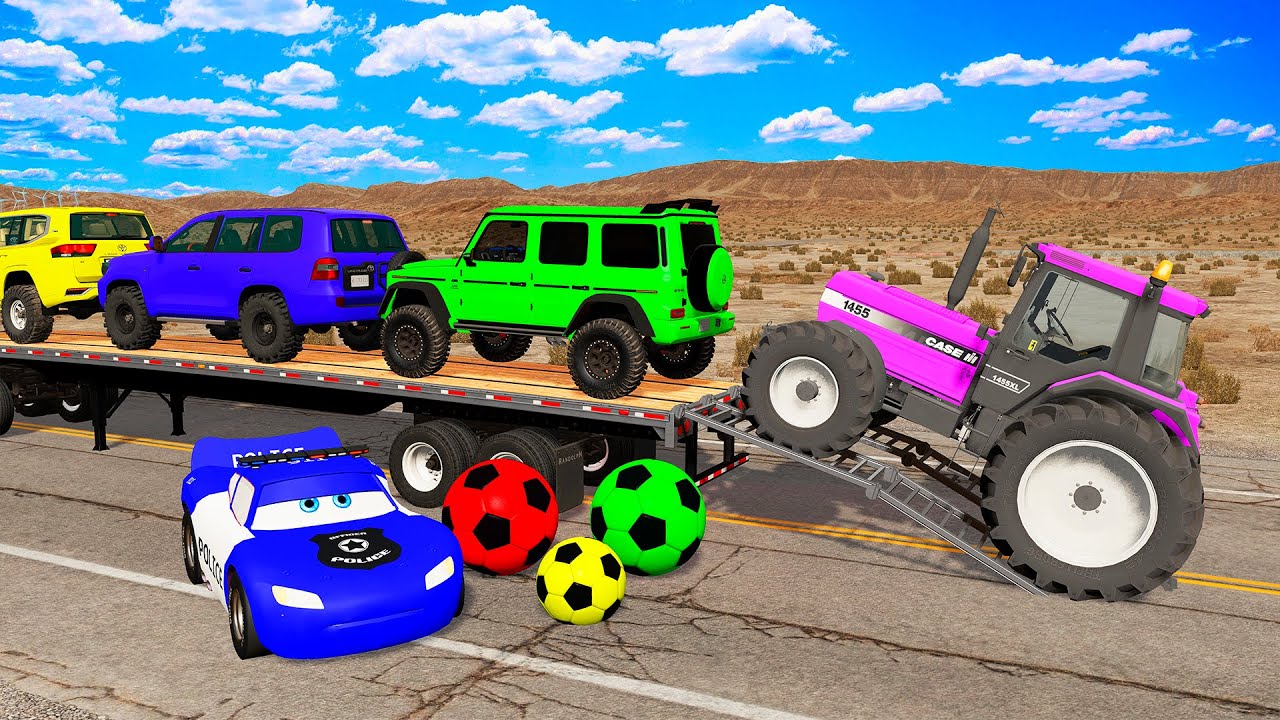 TRANSPORTING PIXAR CARS & FRUITS WITH COLORED & JOHN DEERE vs CLAAS vs TRACTORS - BeamNG.drive #962