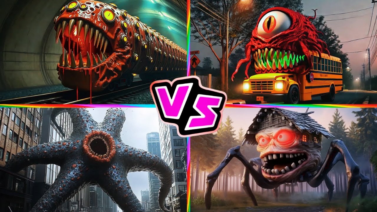 TRAIN EATER 🆚 School Bus Monster 🆚 HUNGRY STAR 🆚 HOUSE HEAD 🎶 Tiles Hop EDM Rush