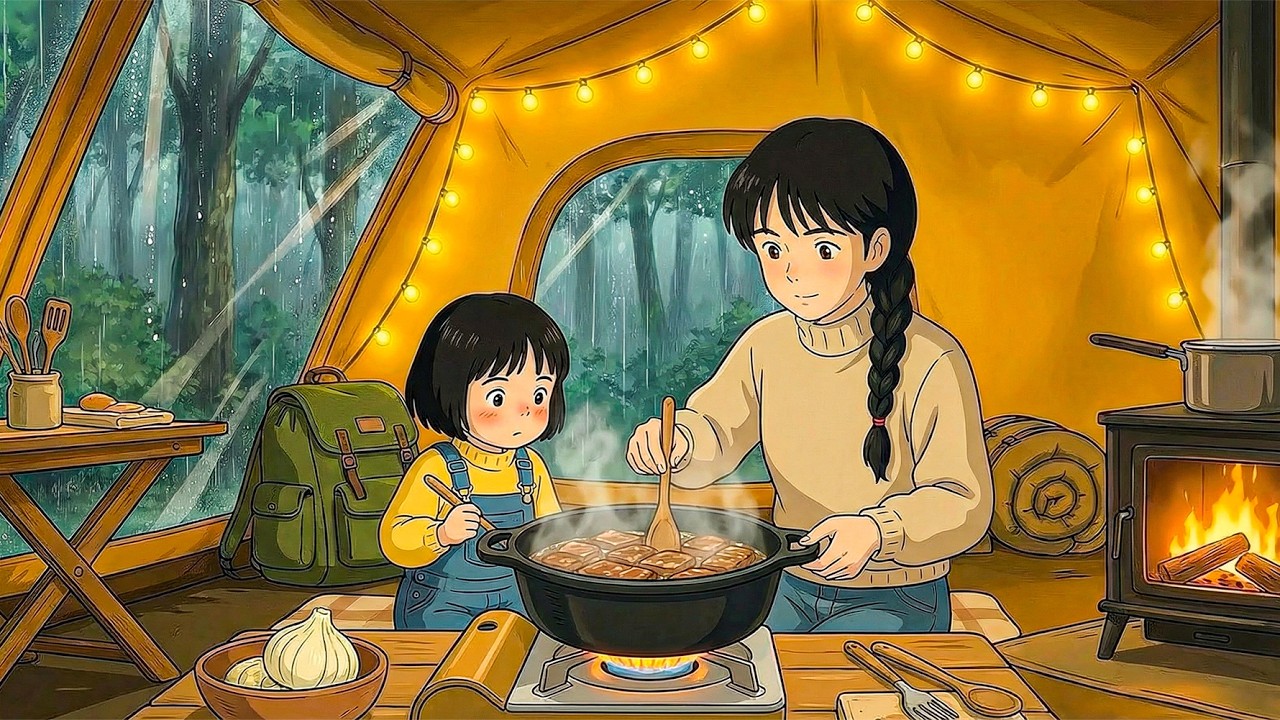 CAMPING IN HEAVY RAIN on Turtle Island 🌧️ Tunnel Tent & Beef Sukiyaki | Ghibli-Style ASMR
