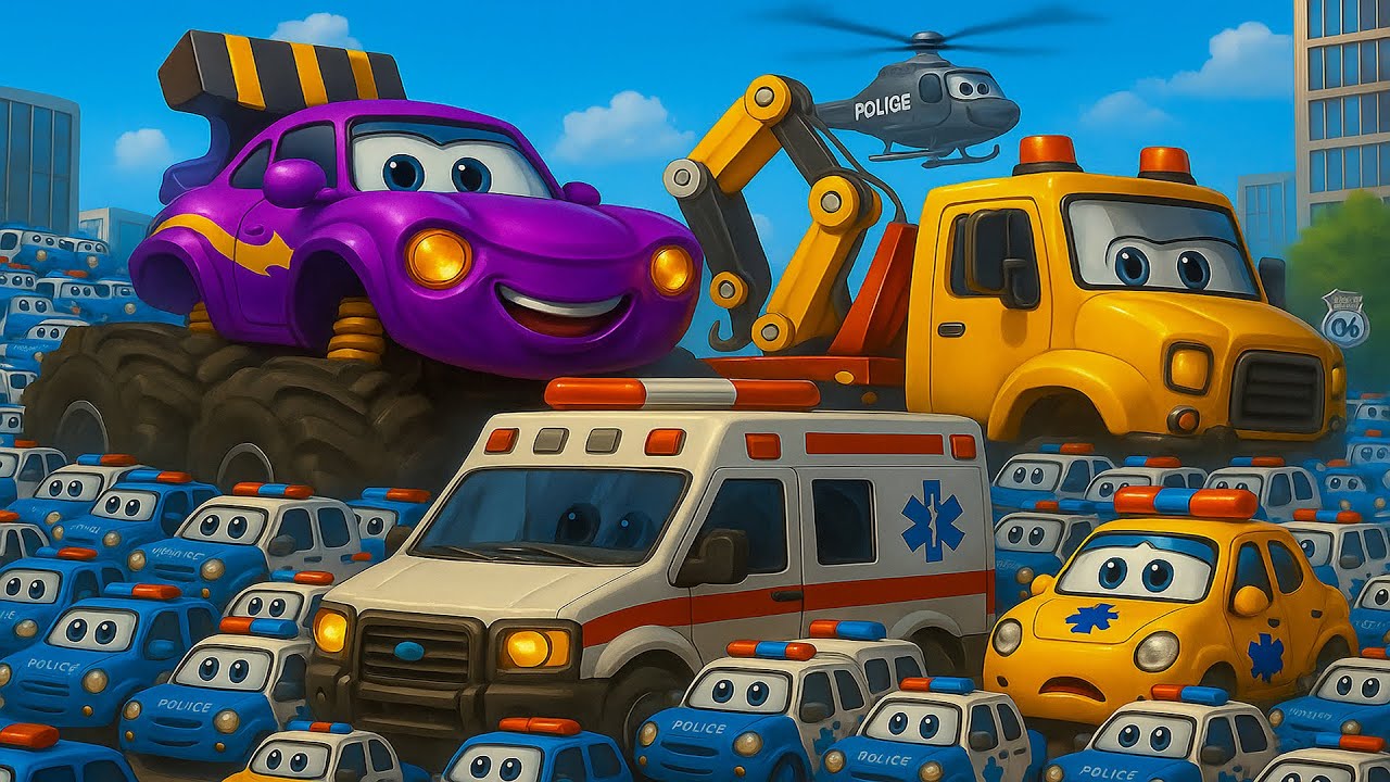 Monster Truck Trouble! 😱 Police, Helicopter & Crane Truck to the Rescue 🚓🚁💪 | Funny Cars Cartoon