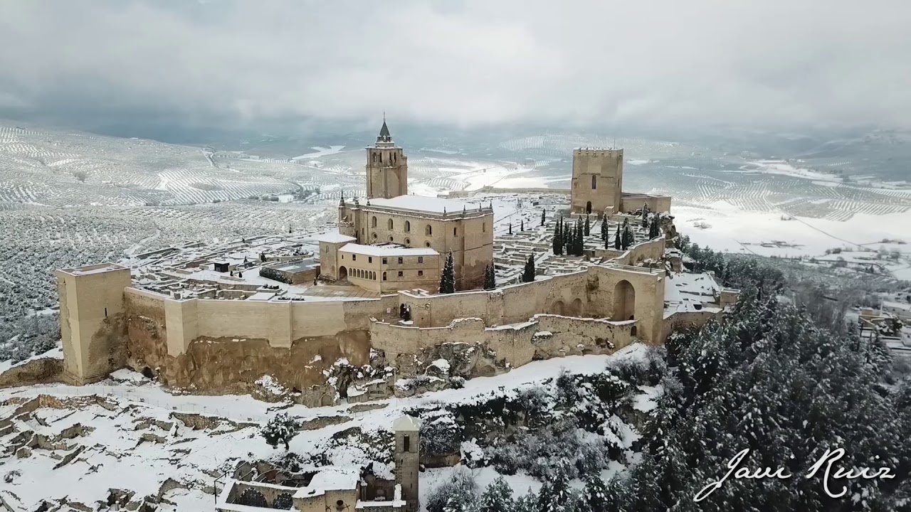 Nevada en la Fortaleza de La Mota de Alcalá la Real a vista de pájaro. Febrero 2018.