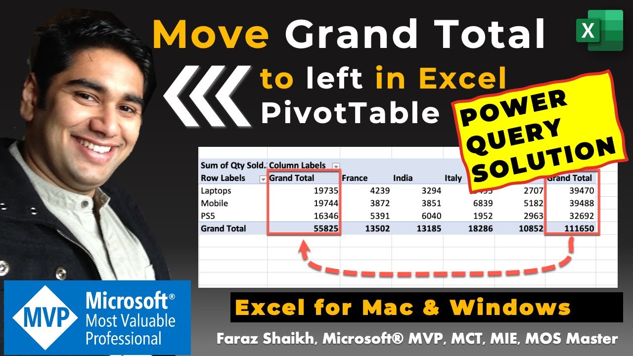 Power Query - Move the Grand Total to the left or to the first column in Excel PivotTable