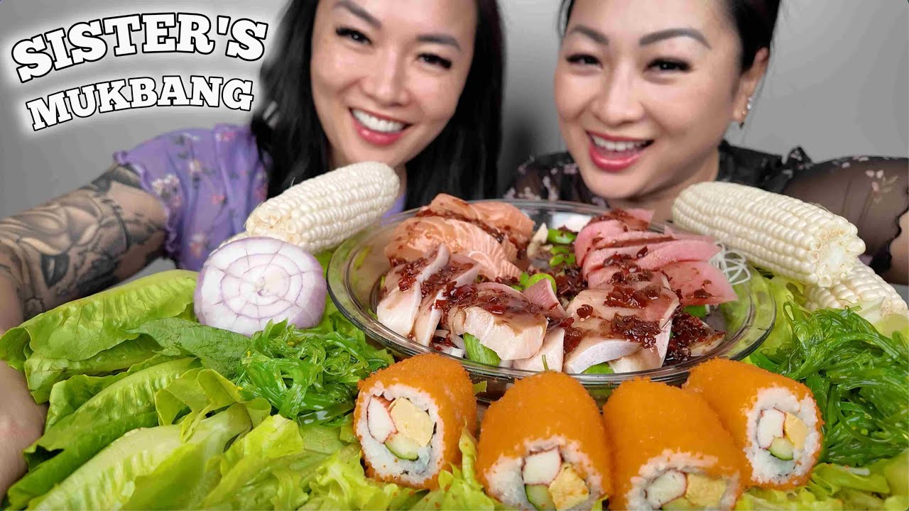 SISTER'S MUKBANG (SPICY THAI SALMON + HAMACHI + TUNA SALAD) LET'S EAT | SASVlogs