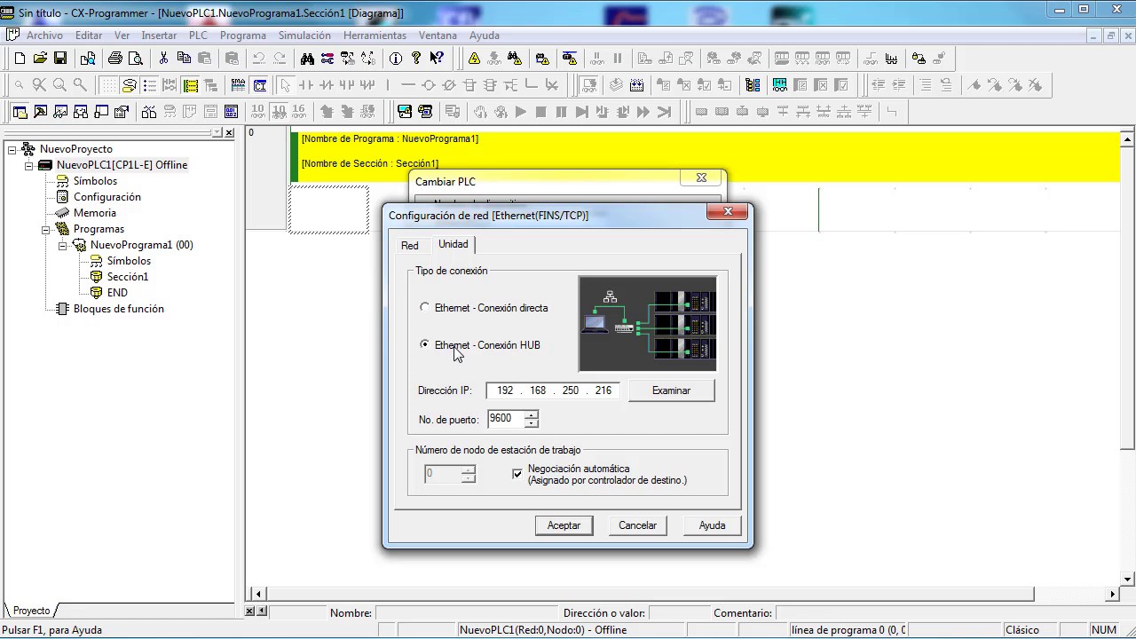 Omron CP1L-E: Ajuste de IP y nodo Ethernet FINS