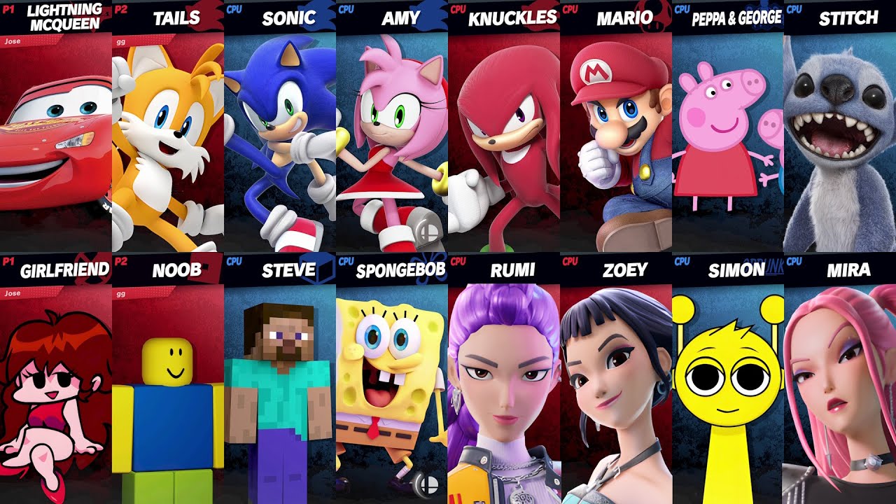 Sonic vs Mario vs Peppa vs SpongeBob vs Roblox vs Minecraft vs Car | Super Smash Bros Ultimate