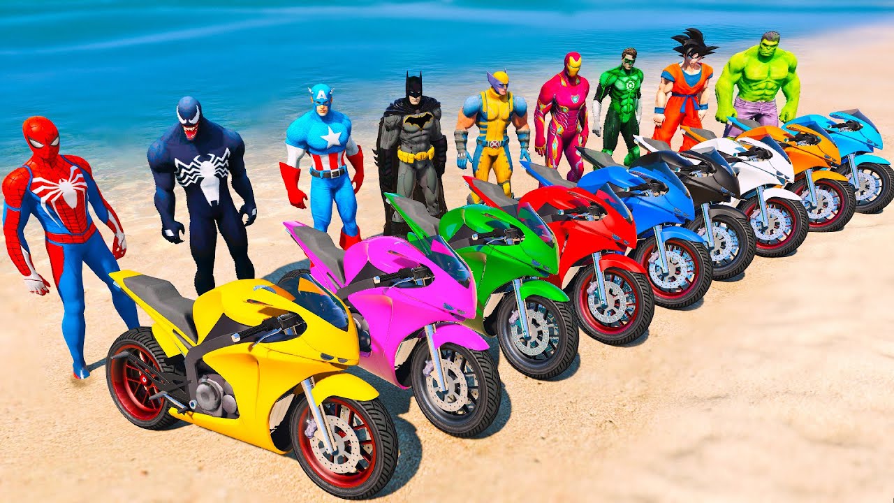 SUPERHEROES with SPIDERMAN MOTORCYCLES RACING CHALLENGE on BEACH MEGA RAMP, HULK CARS STUNTS - GTA 5