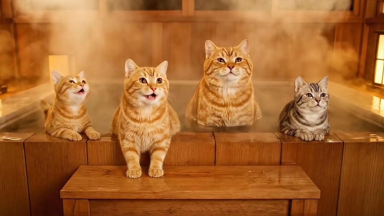 Котята и мама-кошка управляют баней и отдыхают в горячем источнике после напряженного дня | Истор...