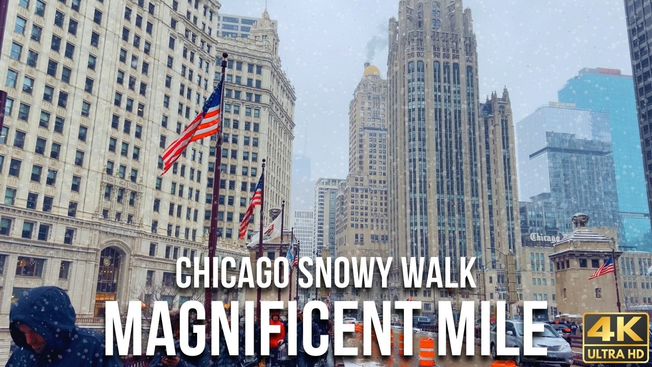 Snowy Chicago Walk on the Magnificent Mile | City Sounds & Ambience | 4K