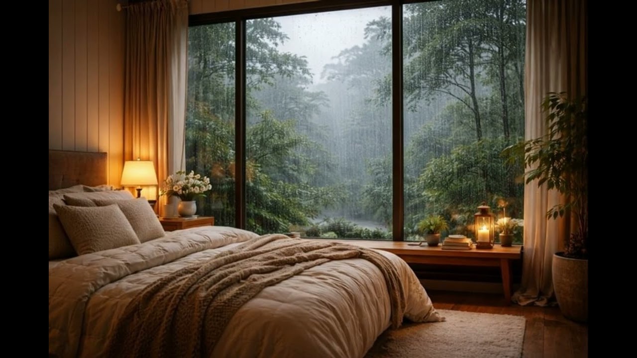 Gentle Rain & Piano Music for Sleep 🌧️🎹 Cozy Bedroom with Forest View | 3 Hours