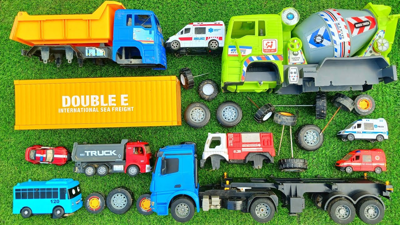 Memperbaiki Mainan Rusak, Truk Molen Besar, Truk Kontainer, Dump Truck, Mobil Pemadam Kebakaran.