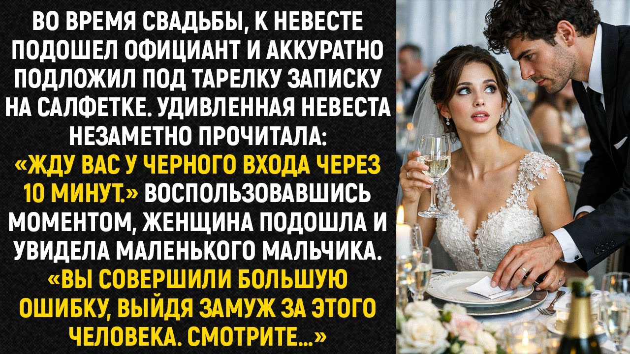 Во время свадьбы, к невесте подошел официант и аккуратно подложил под тарелку записку на салфетке...