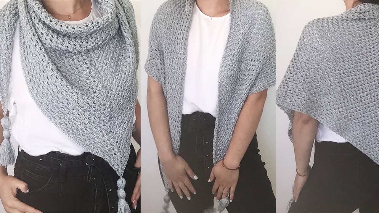 CHAL TRIANGULAR CON BORLAS ESTILO GRANNY TEJIDO A CROCHET