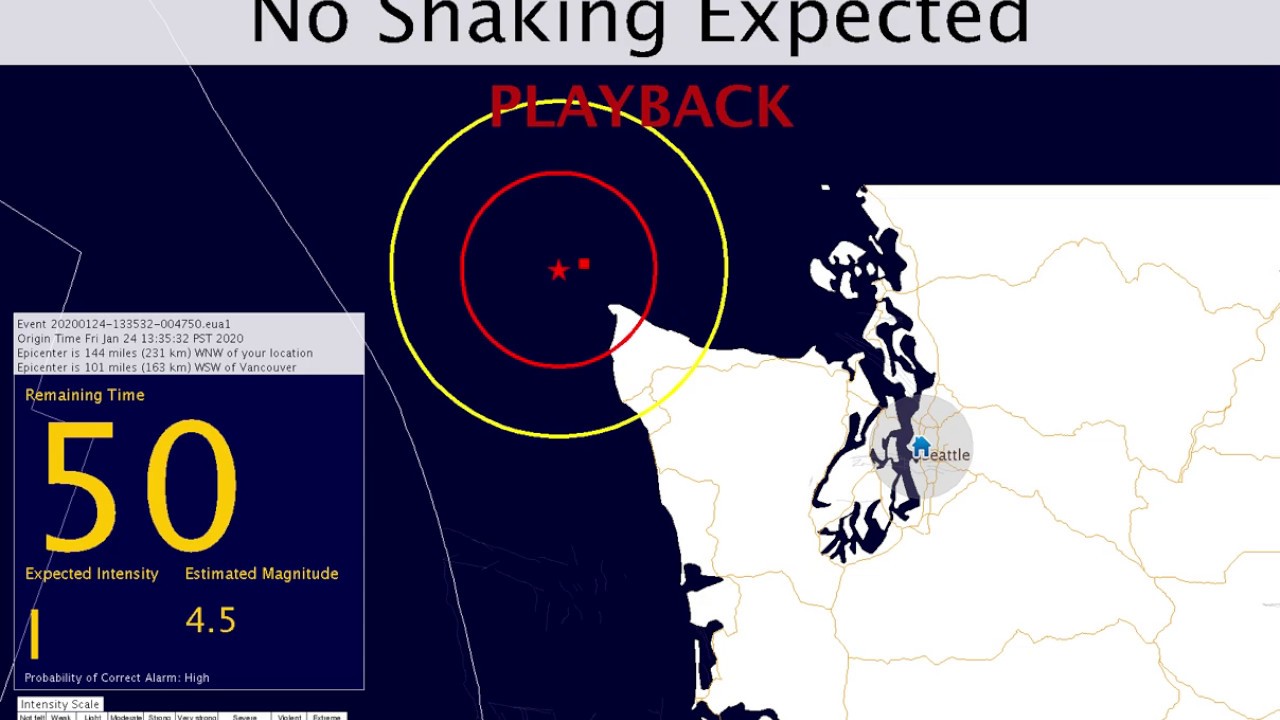 ShakeAlert: EEW Playback of M4.5 Earthquake North of the Olympic Peninsula on Jan 24, 2020