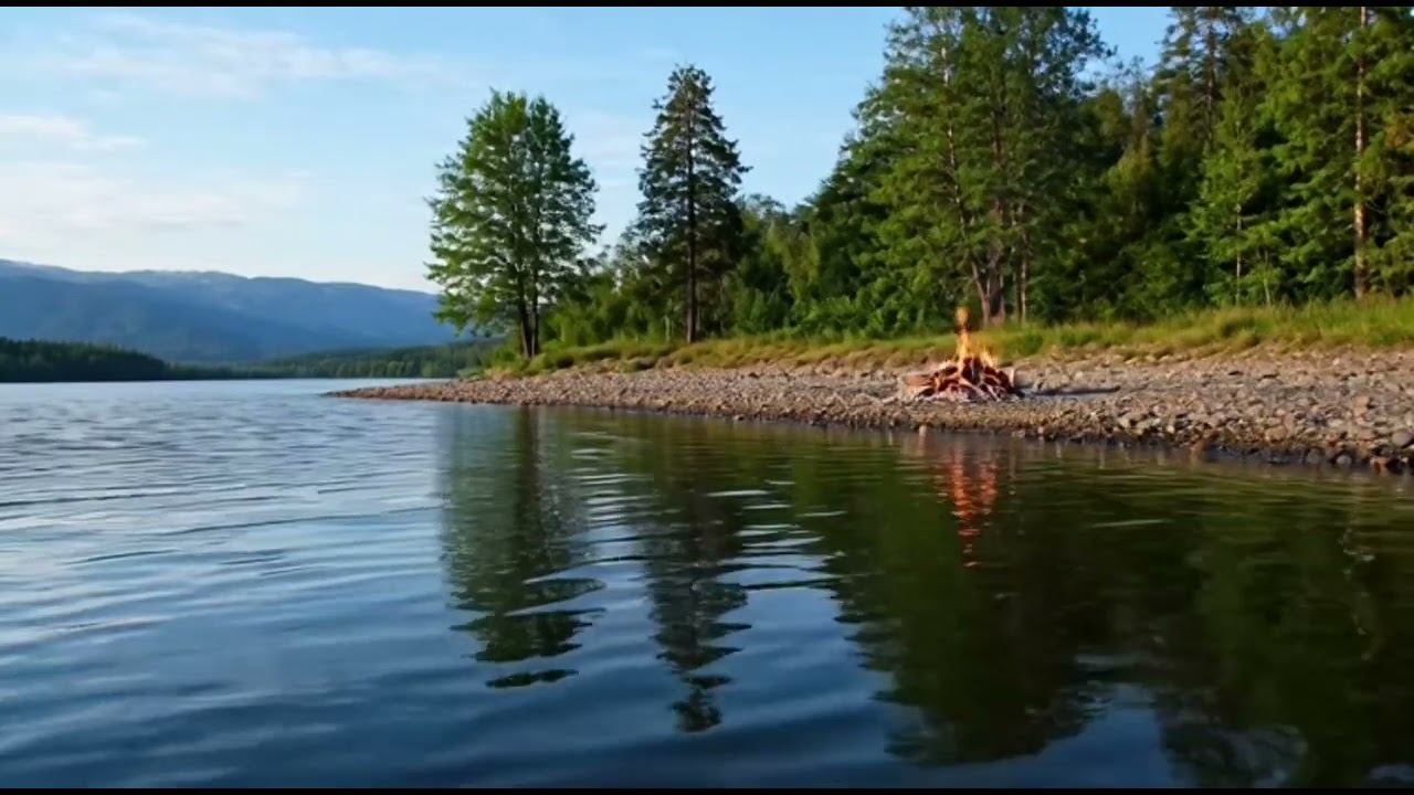 Calm lakeside environment with a small campfire ne