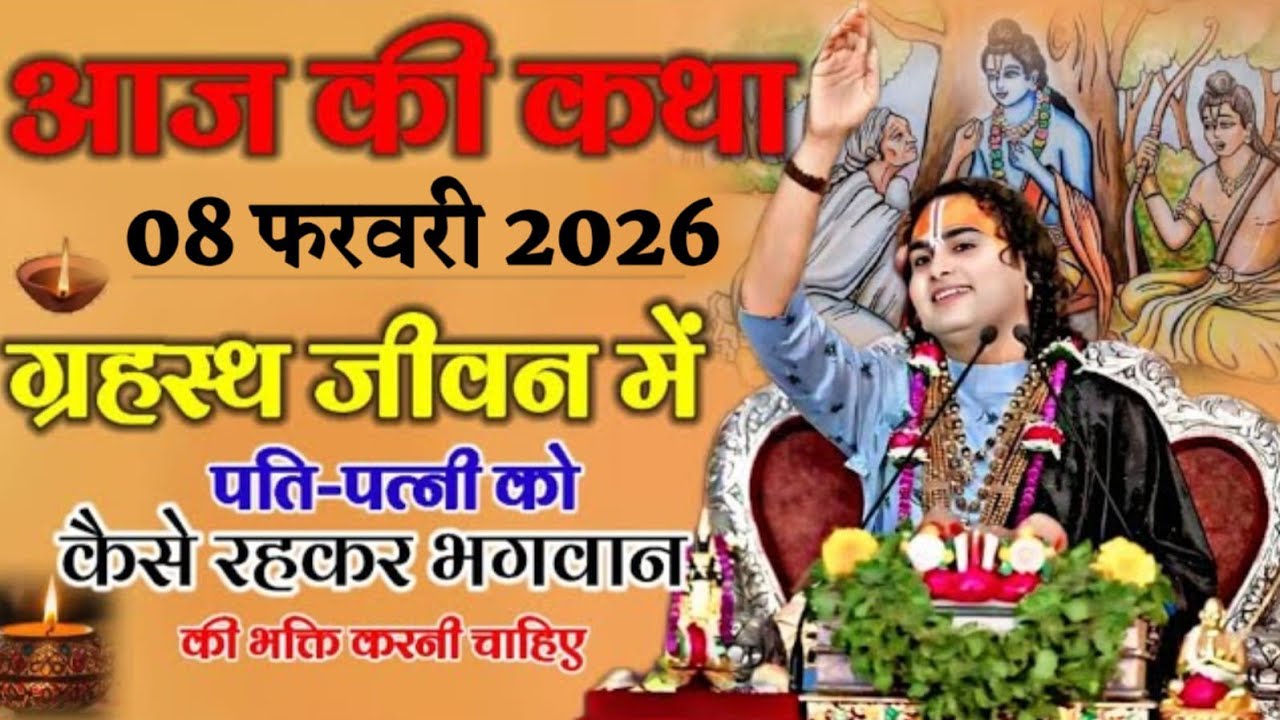 आज की कथा💥 8 फरवरी 2026💥 ग्रस्त जीवन में पति-पत्नी को कैसे रहकर भगवान की भक्ति करनी चाहिए पूरी कथा 
