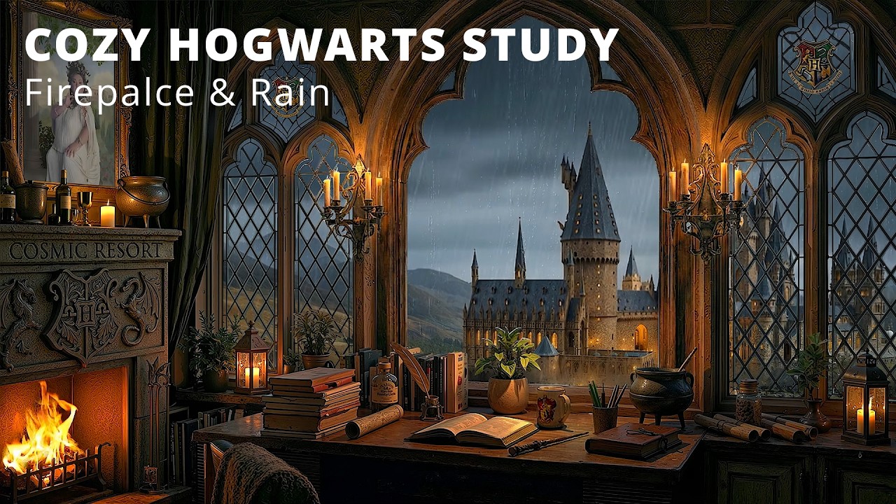 Cozy Hogwarts Study 🌧️  Relax & Fireplace