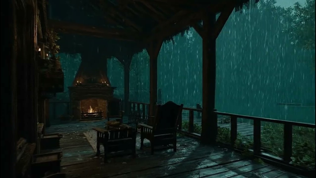 Cozy Rainy Night on a Cabin Porch | 3 Hours of Heavy Rain and Crackling Fire Sounds for Deep Sleep