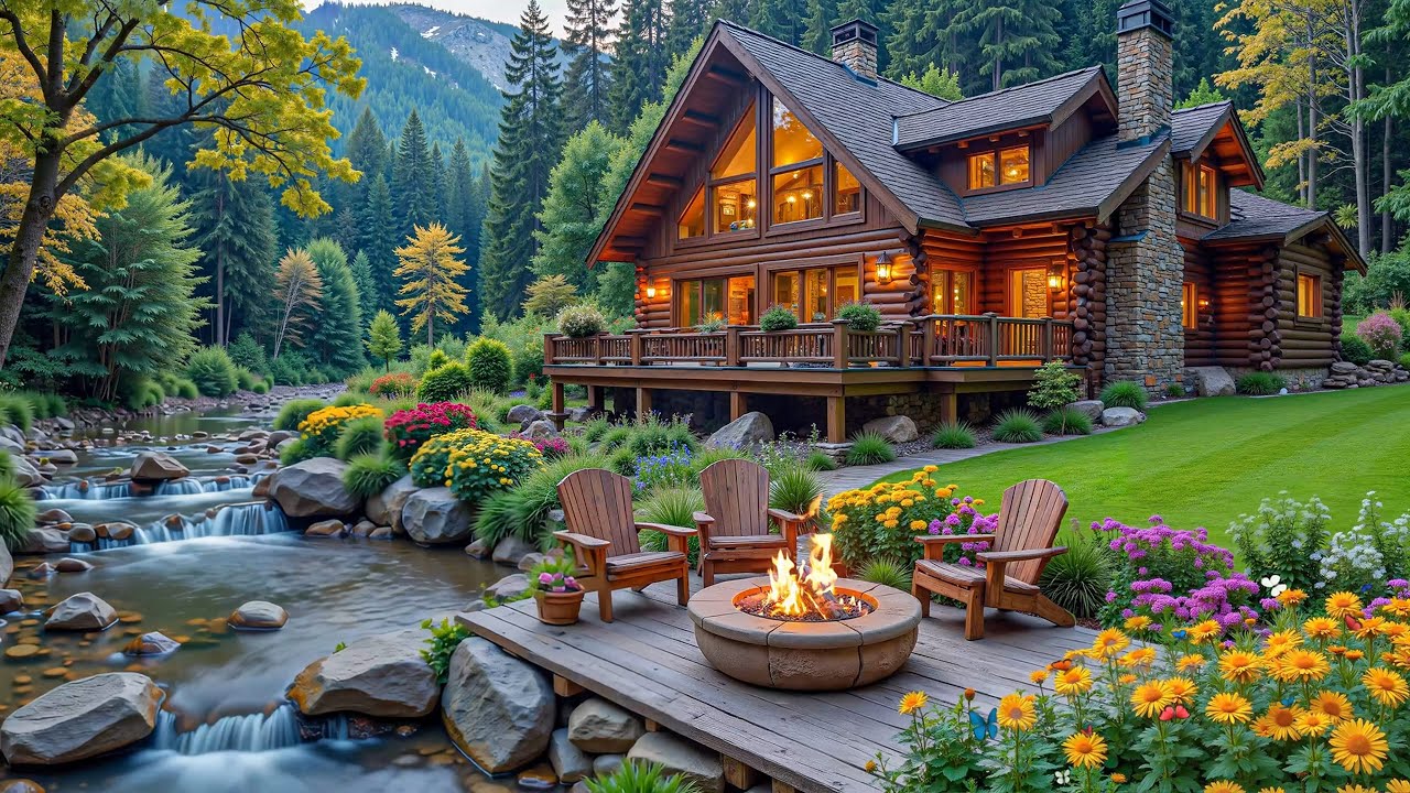 Soothing Spring Piano Music 🌺️🔥 Relaxing Fireplace Ambience lakeside Cabin in Woods