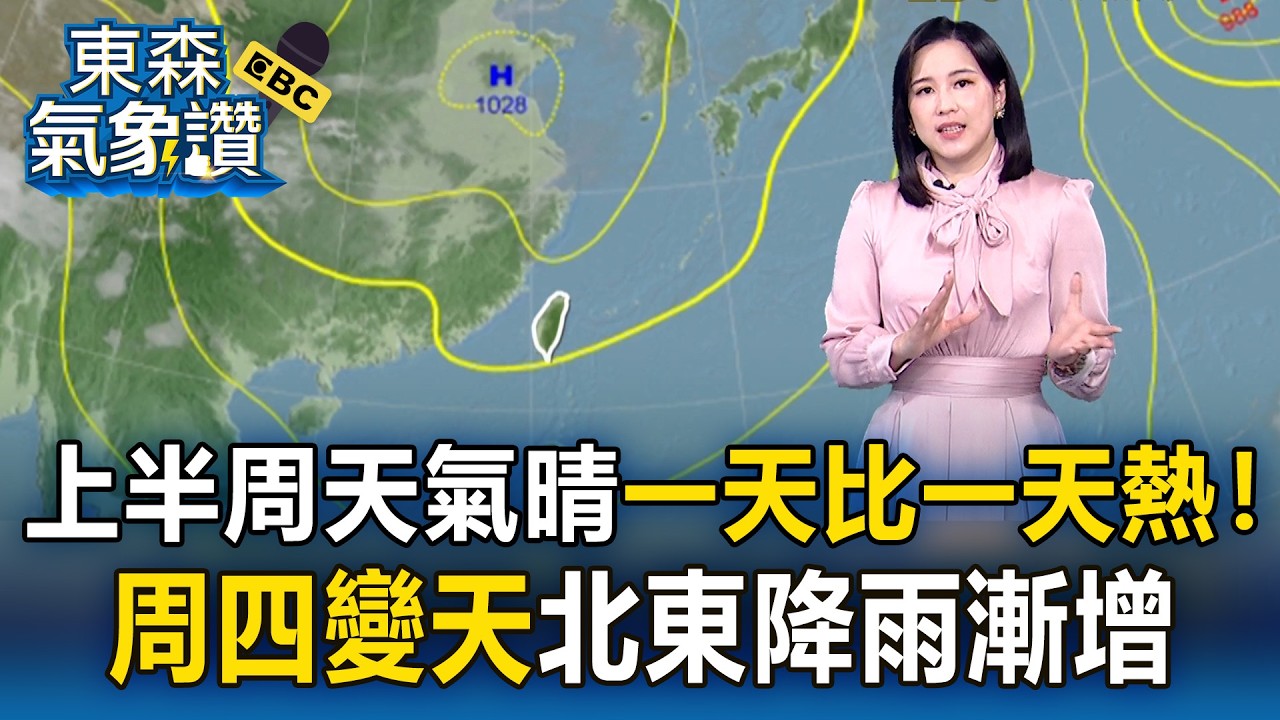 上半周天氣晴朗「一天比一天熱」！周四變天「北東降雨漸增」｜20260316【依臻早安氣象】