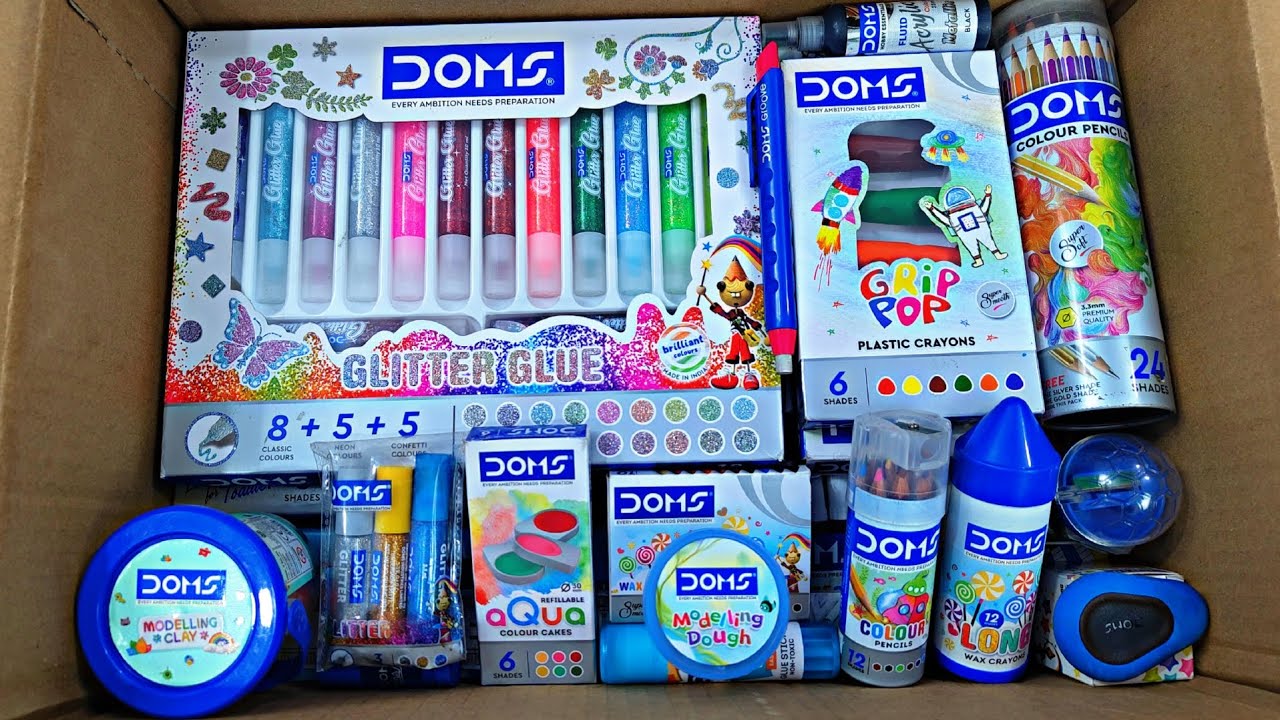Unboxing Ultimate DOMS Stationery, Water Colour, Eraser, Geometry Box, Pencil, Wax Cryons, Pen, etc 