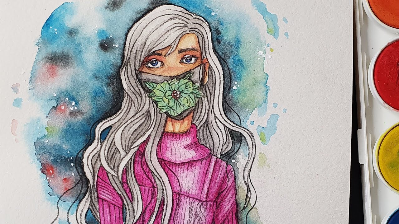 Cara Gambar Wajah Wanita Memakai Masker Cat Air | Watercolor Illustration Girl Wearing Flower Mask