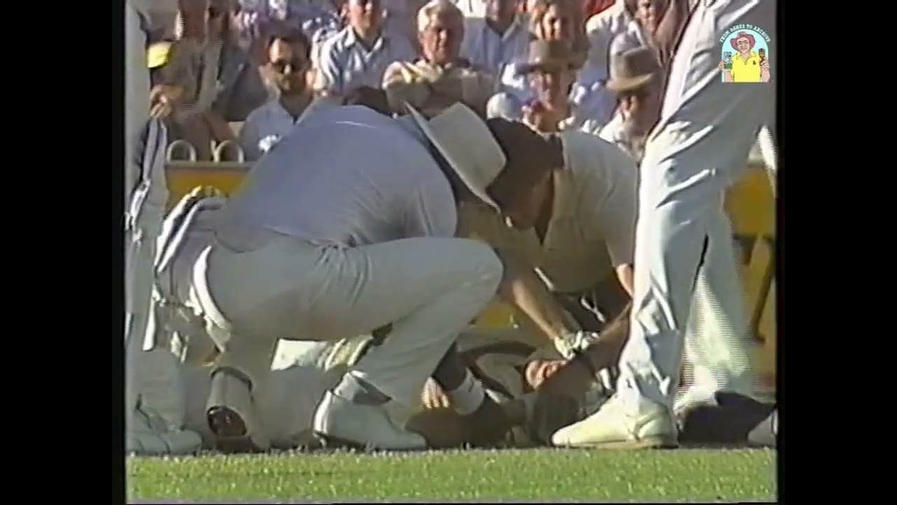 Geoff Lawson sickening blow struck by a vicious Curtley Ambrose lifter at the WACA 2nd Test 1988/89