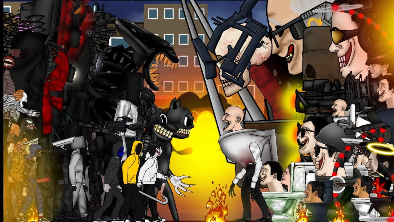 Skibidi Toilets Vs Titán,camera,Speakerman,TV Man, Cartoon Cat,Dog,Slenderman,Jeff the Killer,Hoodie