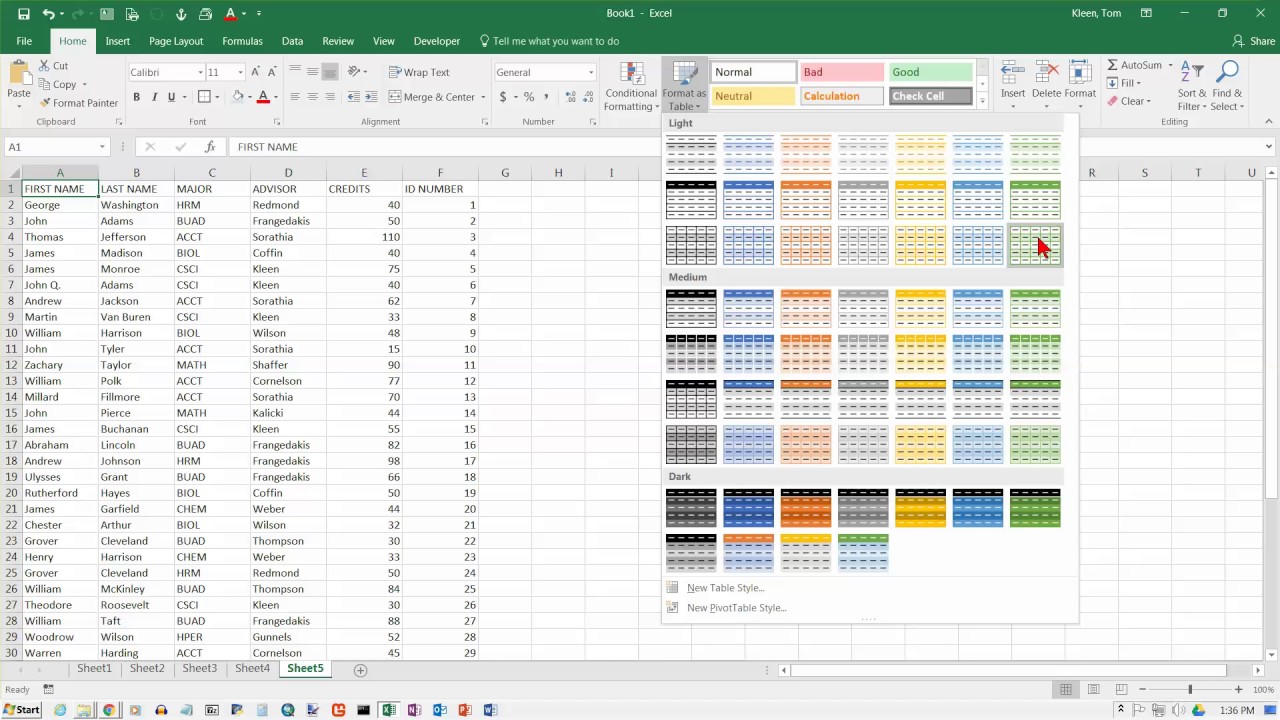 Excel 2016 Tables