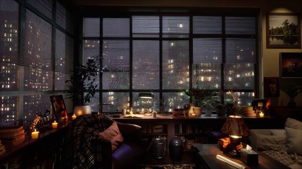 Rainy Night in a Cozy Apartment | Soothing Rain on Windows for Sleep, Study & Relaxation