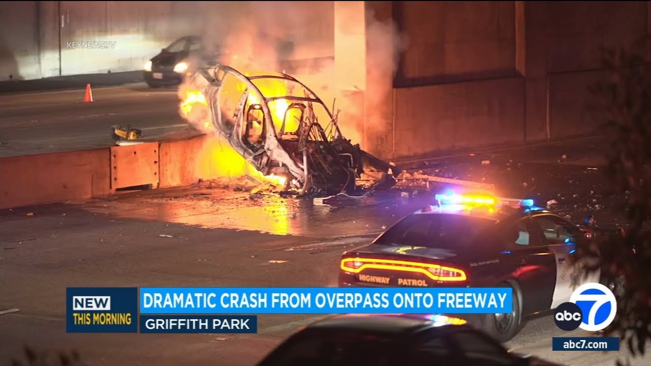 Dramatic crash from overpass onto 134 Freeway in Griffith Park