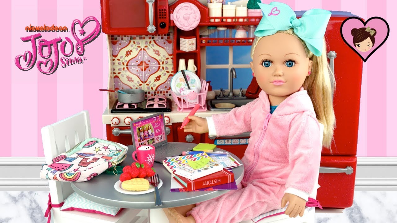 Jojo Siwa Doll Homeschool Morning Routine - Dollhouse Kitchen & School Supplies