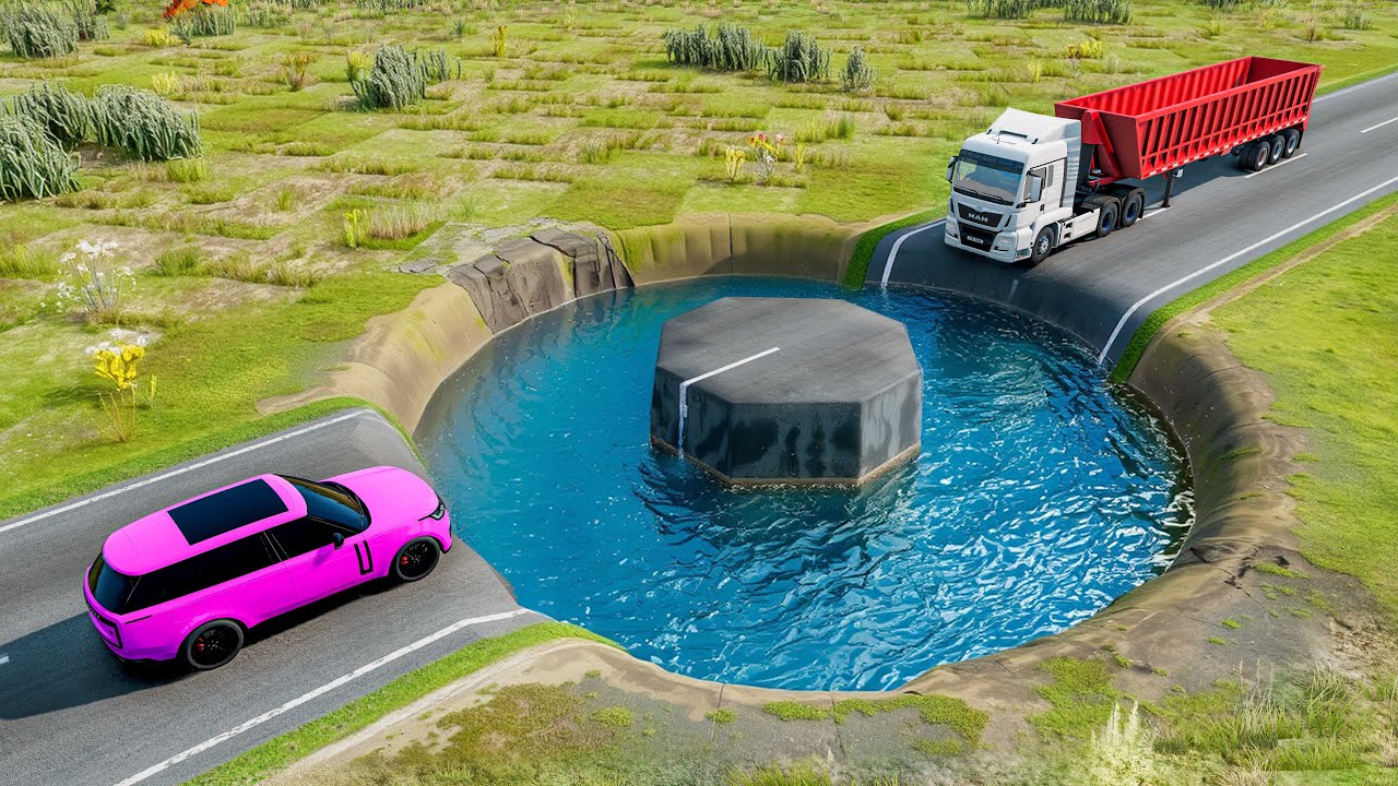 Cars vs Giant pit Bulg Bridge Bridge Drive Challenge Ends in Total Destruction!