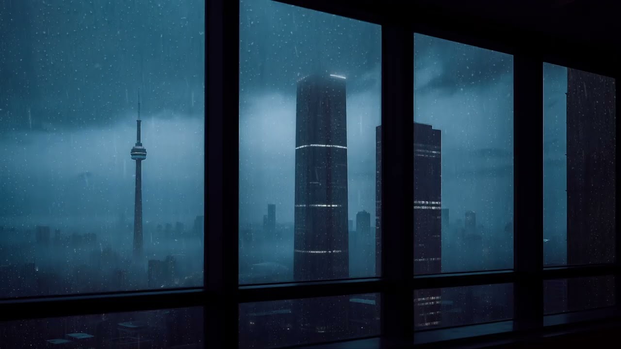 Night City Rain Ambience Dark Window View Skyline Haze Deep Sleep Relaxation Study Sounds