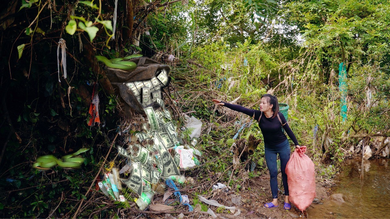 The poor girl encountered a snake guarding the treasure when she found the bag in the forest