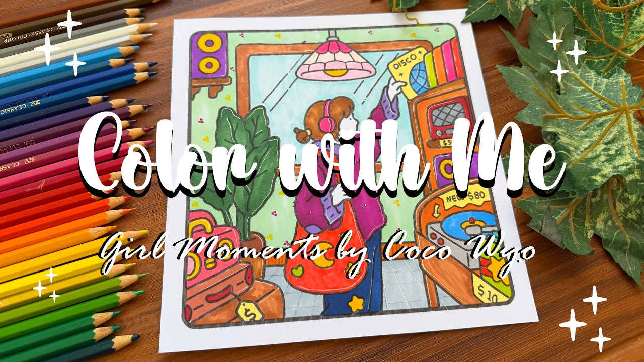 Colorful ASMR Coloring 🎧🌈 | Cute Girl in Retro Music Shop 🎶💿✨