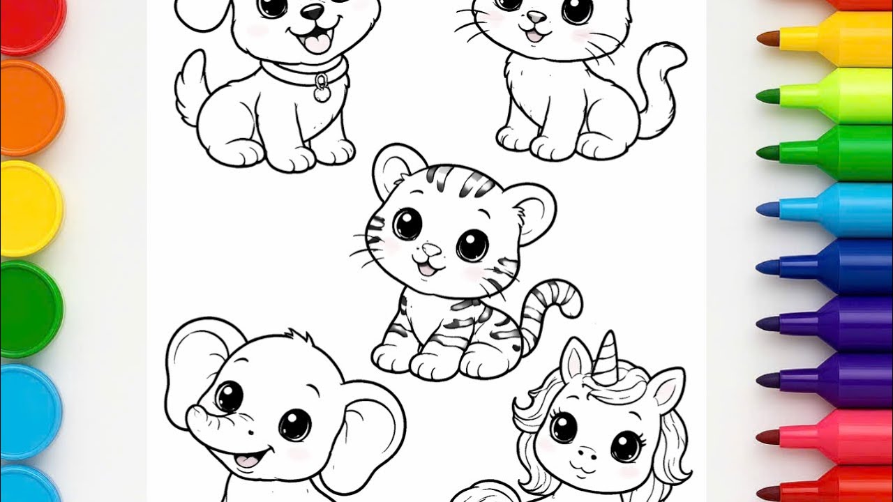Let’s Draw Cute Unicorn, Cat, Dog, Elephant and Baby Tiger