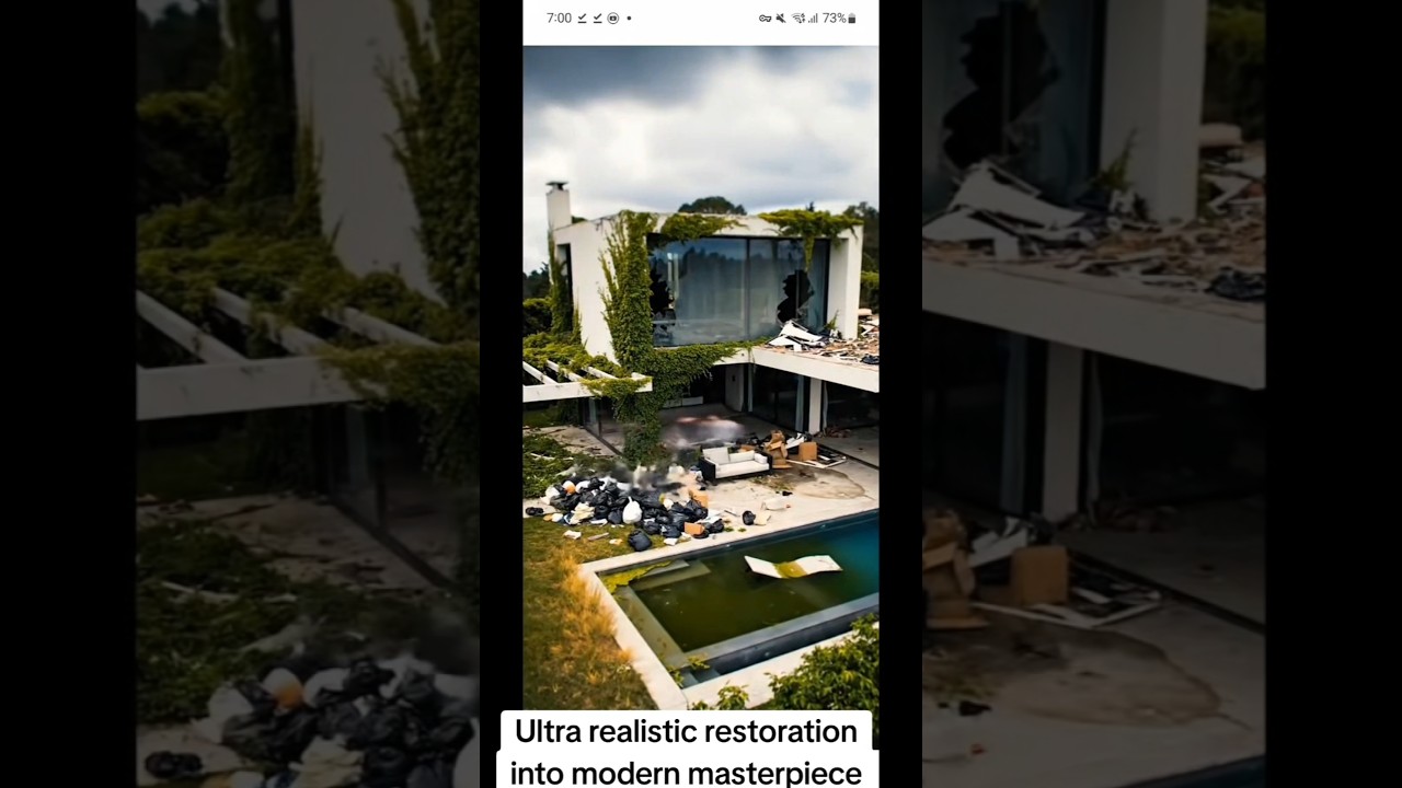 An abandoned, trash filled modern villa breathtaking restoration to ultra realistically 