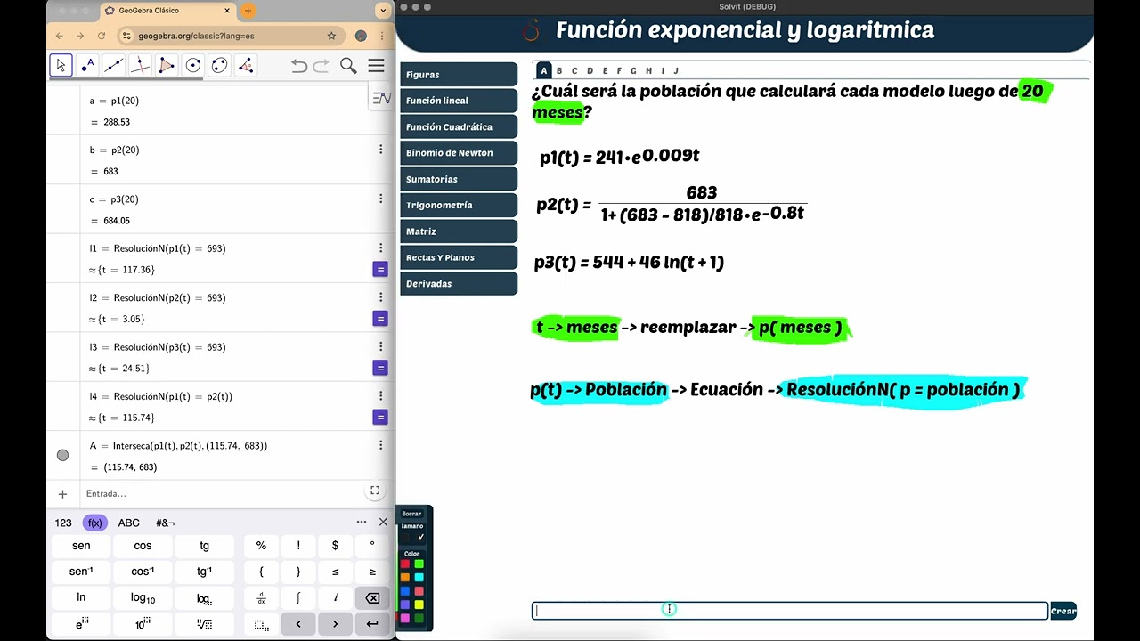 Problema de funciones exponenciales y logaritmicas  con GeoGebra - Población