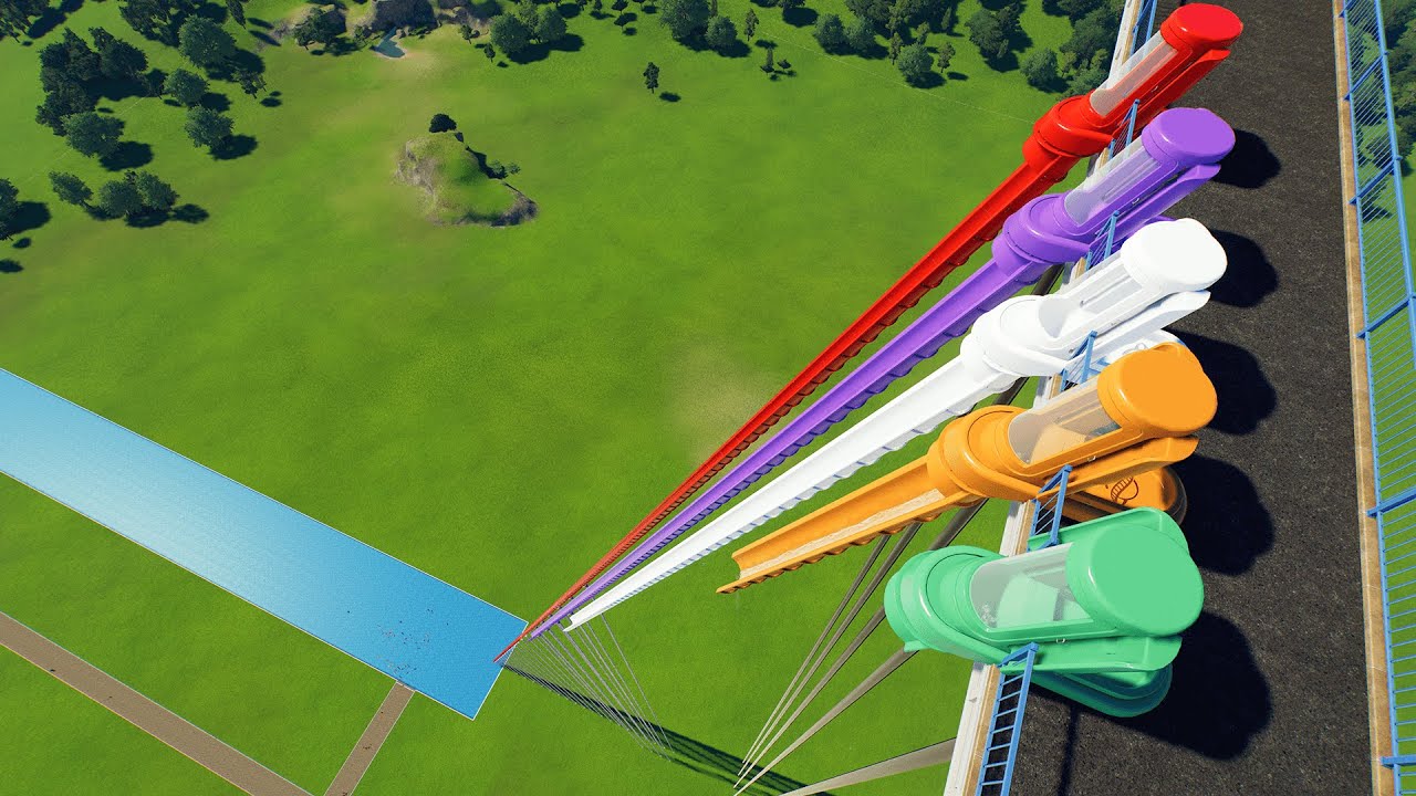 Shortest vs Longest Trap Door Water Slides – Planet Coaster 2