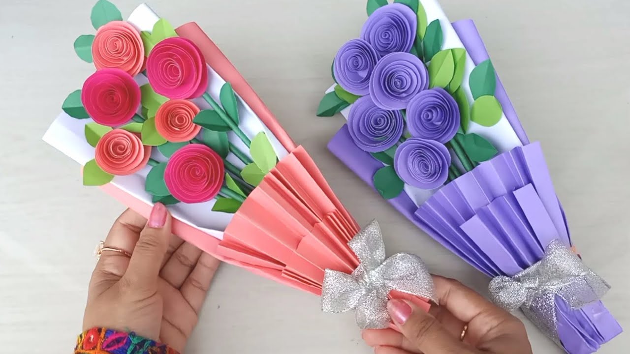How to make Paper Rose Flower Bouquet / Flower Bouquet wrapping / DIY Paper Crafts
