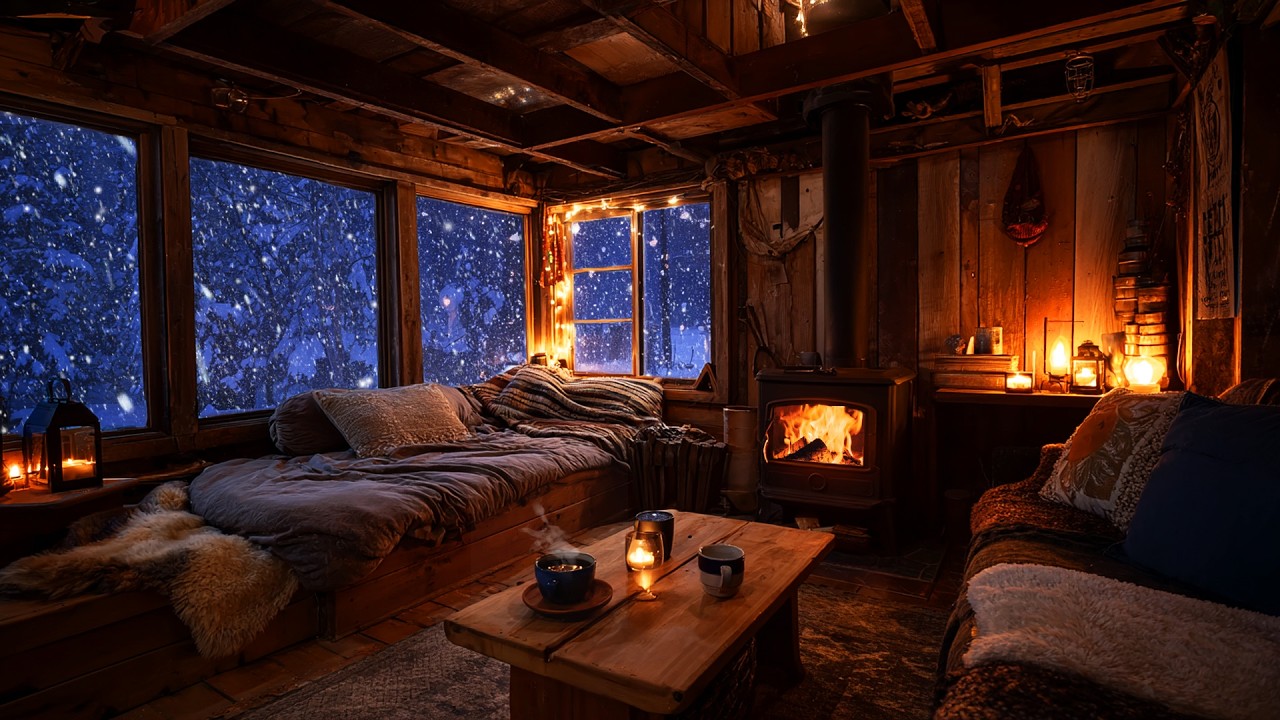 Cozy Cabin Fireplace During Snowstorm 🔥 | Relaxing Winter Night Sounds (NO ADS)
